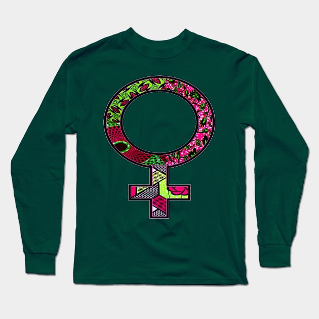 Pink and Green African Print Female Symbol Long Sleeve T-Shirt by artbyomega